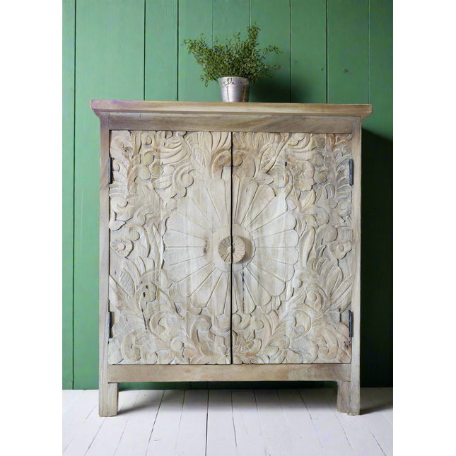 Rustic natural wood carved 2 door cupboard