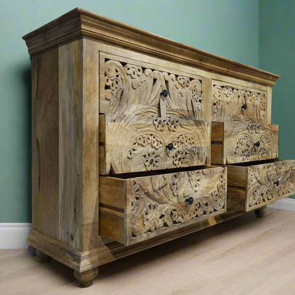 Large ornate carved natural wood chest of 6 drawers