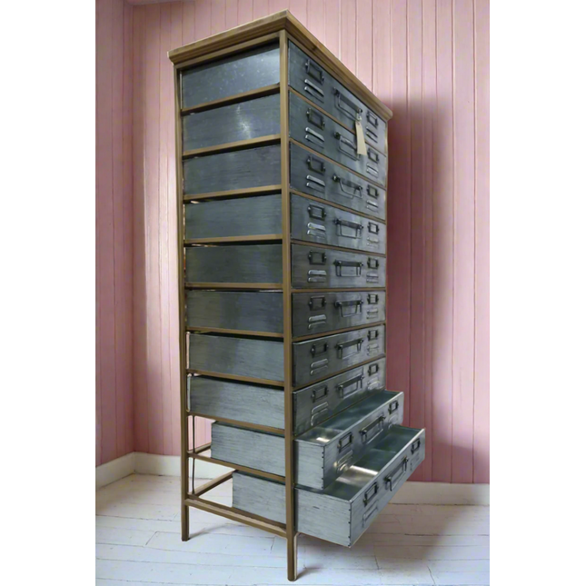 Tall slim bank of 10 metal storage drawers