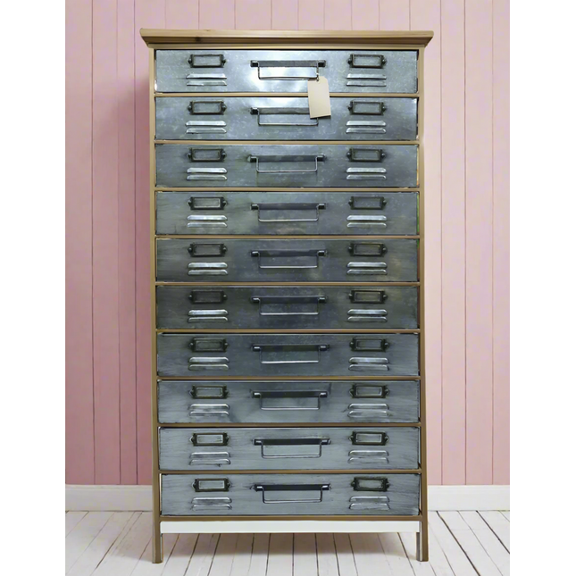 Tall slim bank of 10 metal storage drawers
