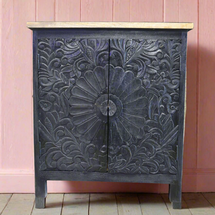 Black wood ornate carved 2 door cupboard