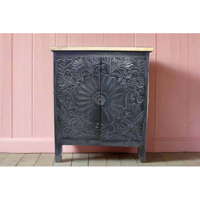 Black wood ornate carved 2 door cupboard