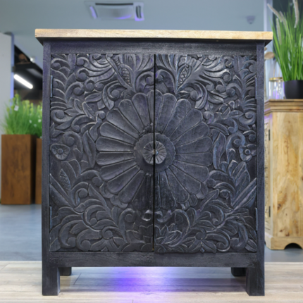 Black wood ornate carved 2 door cupboard