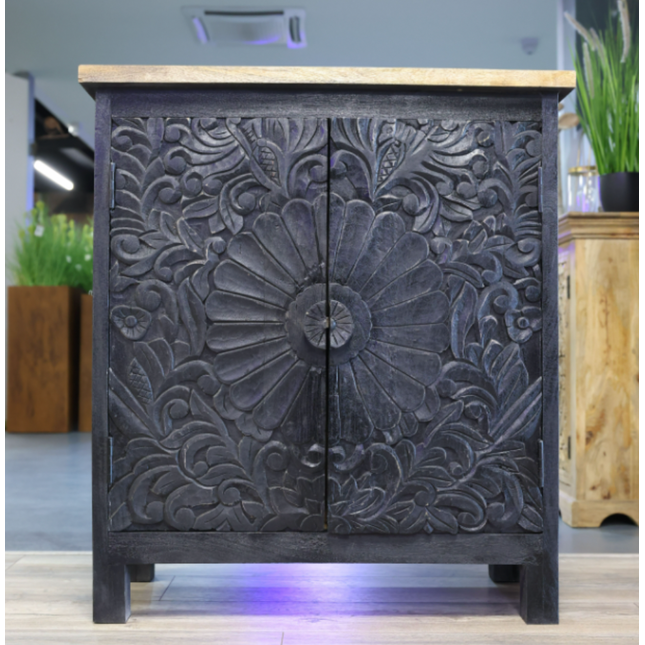 Black wood ornate carved 2 door cupboard