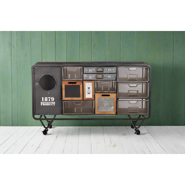 Wide black metal multi compartment storage cabinet