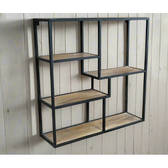 Square wood & metal wall shelf cabinet