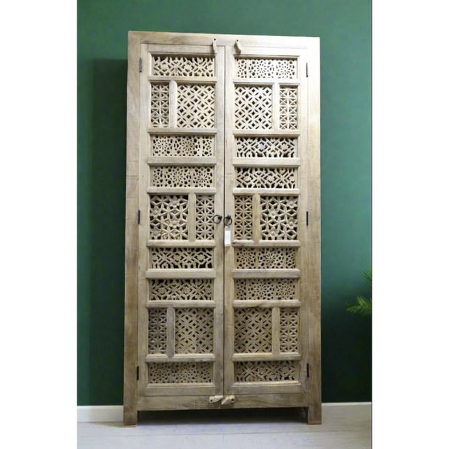 XL tall ornate carved mango wood shelved armoire cupboard
