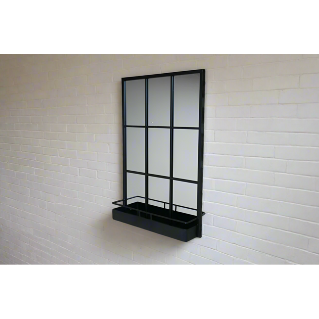 Black metal wall mirror with storage shelf