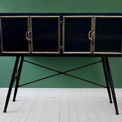 Black metal & ribbed glass leggy wide storage cabinet