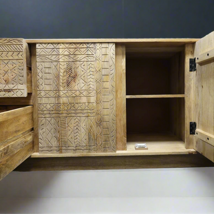 Large chunky carved natural wood sideboard