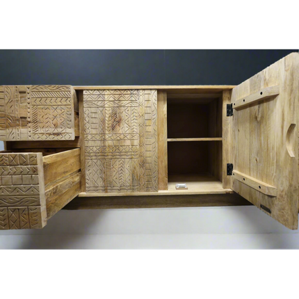 Large chunky carved natural wood sideboard