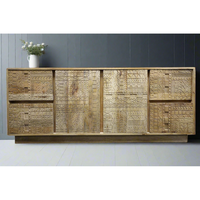 Large chunky hand carved natural wood sideboard cabinet