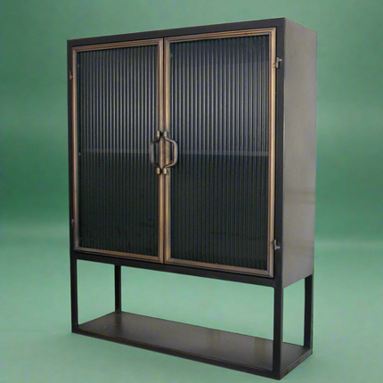 Black metal wall storage display cabinet with ribbed glass doors
