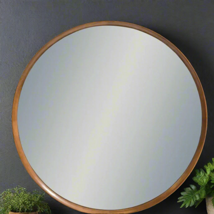 Extra large oak wood framed round wall mirror - 100cm x 100cm