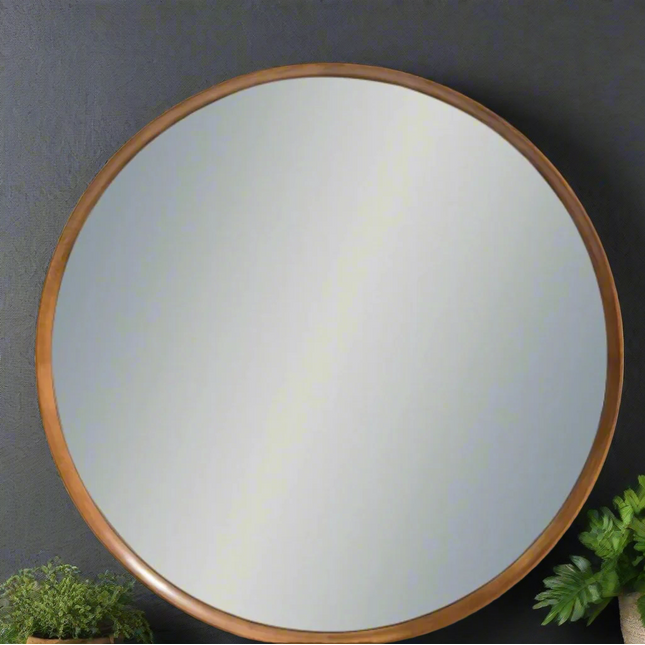 Extra large oak wood framed round wall mirror - 100cm x 100cm