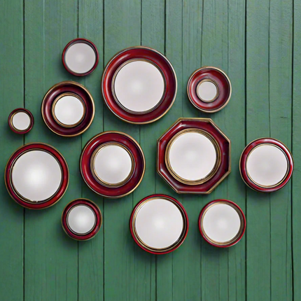 Set of 36 convex blue-red-green and gold framed mirrors