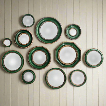 Set of 36 convex blue-red-green and gold framed mirrors