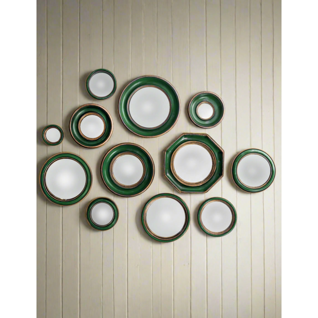 Set of 36 convex blue-red-green and gold framed mirrors