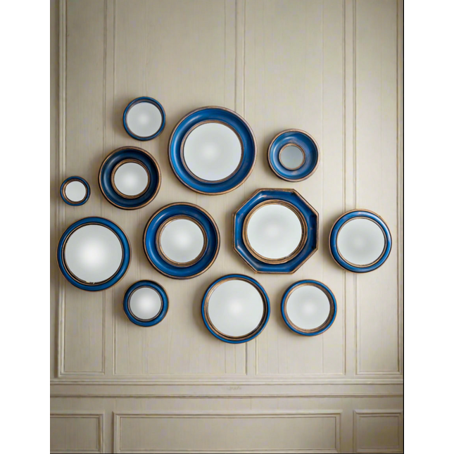 Set of 36 convex blue-red-green and gold framed mirrors