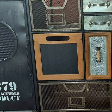 Wide black metal multi compartment storage cabinet
