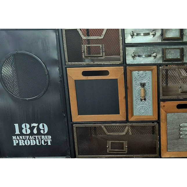 Wide black metal multi compartment storage cabinet