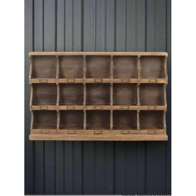 Rustic wood  multi compartment 15 pigeon hole wall storage cabinet