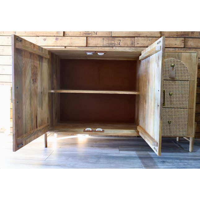 Rustic wood & rattan arch storage cabinet