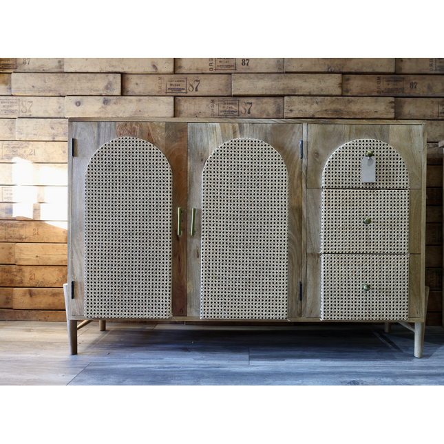 Rustic wood & rattan arch storage cabinet