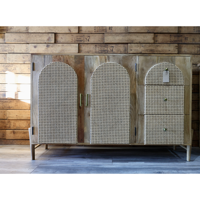 Large rattan & wood arch storage cabinet