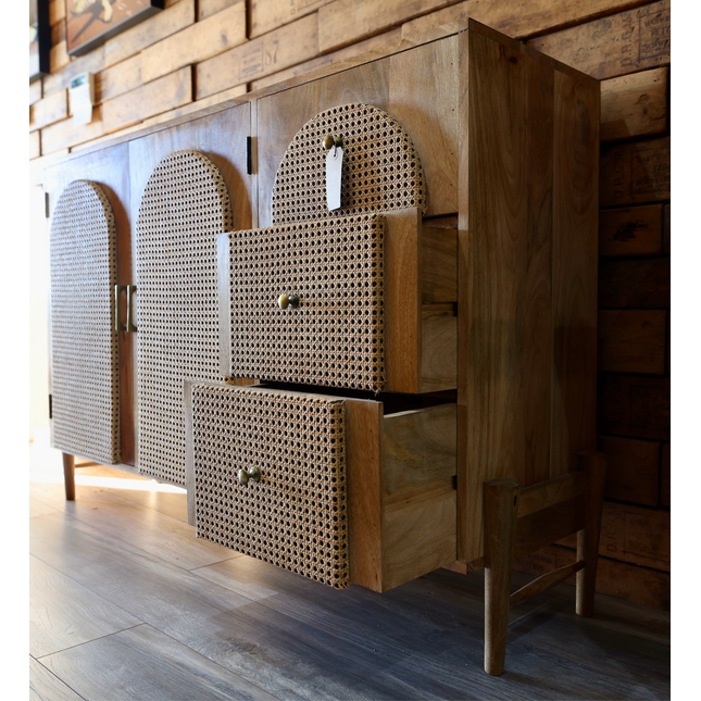 Rustic wood & rattan arch storage cabinet