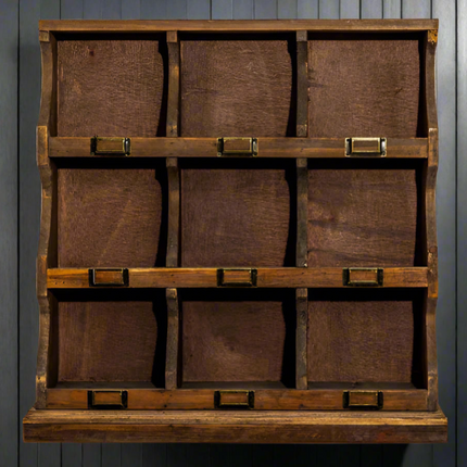 Rustic wood multi compartment 9 pigeon hole wall storage cabinet