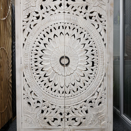 Tall white carved wood armoire storage cupboard