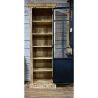 Tall slim rustic wood glass fronted display cabinet
