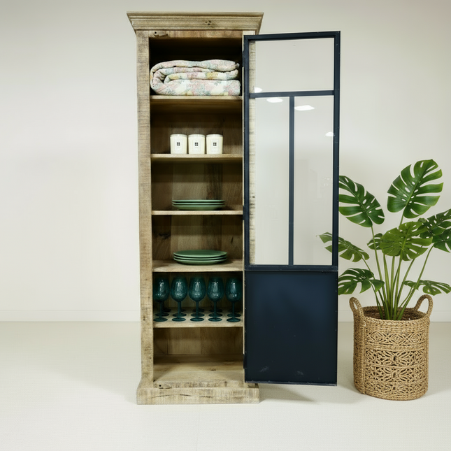 Tall slim rustic wood glass fronted display cabinet - Elderflower Lane