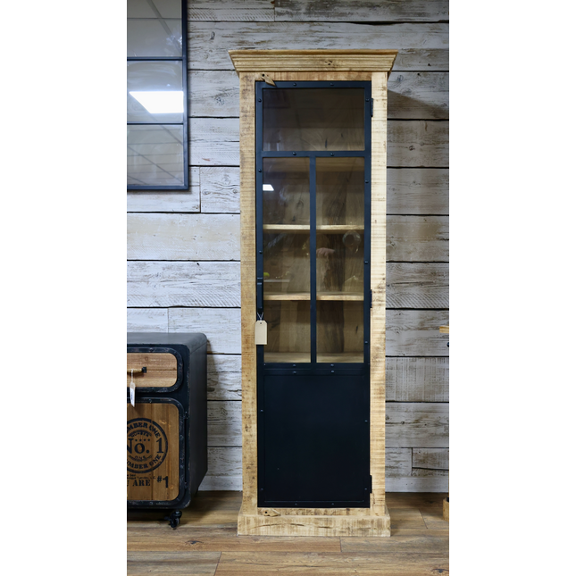 Tall slim rustic wood glass front display cabinet