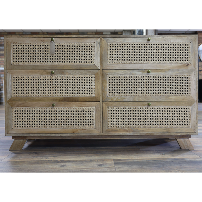 Wood & rattan chest of 6 drawers cabinet