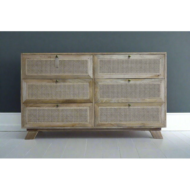 Wood & rattan chest of 6 drawers cabinet
