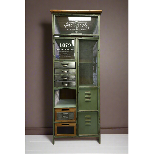 Tall green metal multi drawer storage cabinet