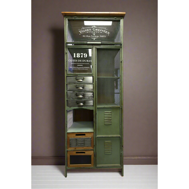 Tall green metal multi drawer storage cabinet