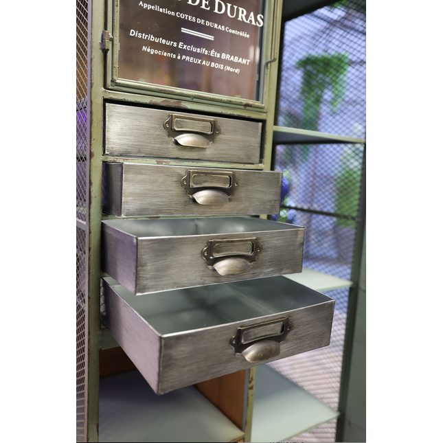 Tall green metal multi drawer storage cabinet