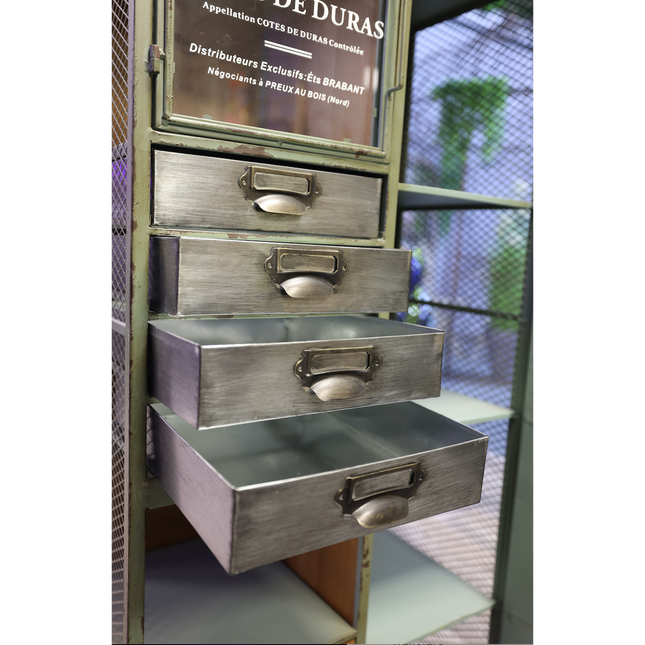 Tall green metal multi drawer storage display cabinet