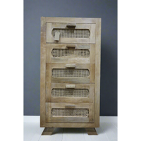 Tall slim rattan & wood chest of 5 drawers