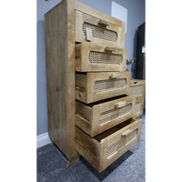 Tall slim rattan & wood chest of 5 drawers