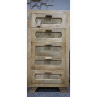 Tall slim rattan & wood chest of 5 drawers