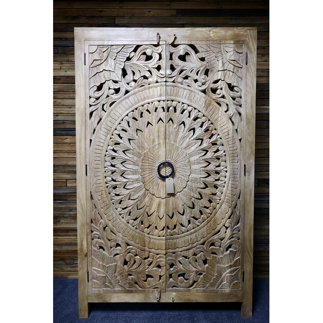 6ft tall ornate carved natural wood armoire storage cupboard
