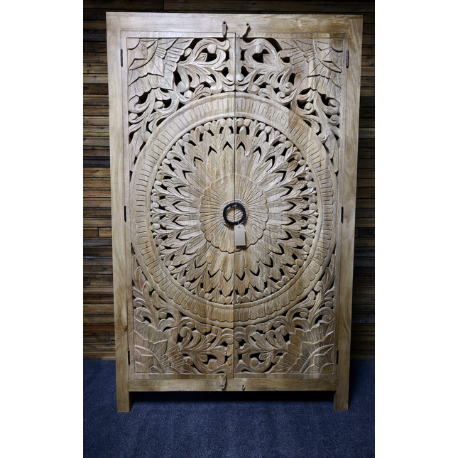 6ft tall ornate carved natural wood armoire storage cupboard