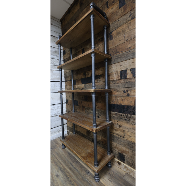 Tall Iron pipe & rustic wood 5 tier wall display shelving