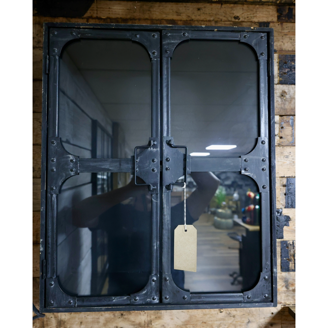 Black metal wall storage cabinet with double glass doors