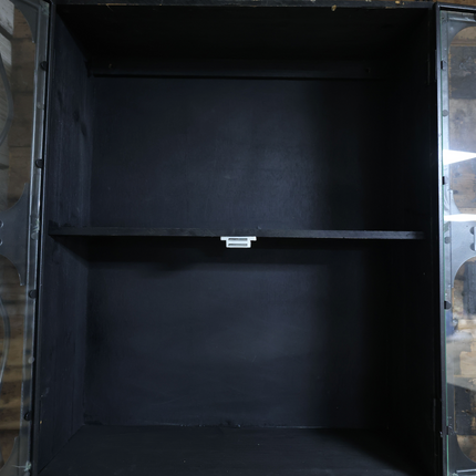 Black metal wall storage cabinet with double glass doors