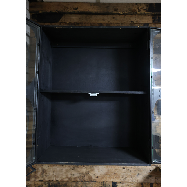 Black metal wall storage cabinet with double glass doors